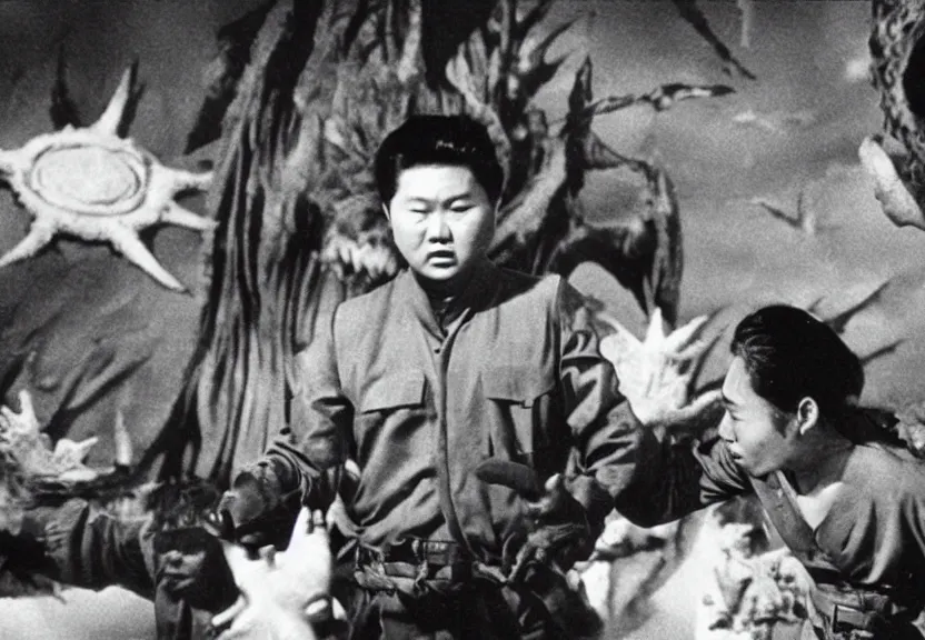 Prompt: a filmstill of pulgasari, kaiju starfish, monster movie, korean film noir, 1 9 5 0 s thriller, kim jong - il, in the style of rashomon and godzilla