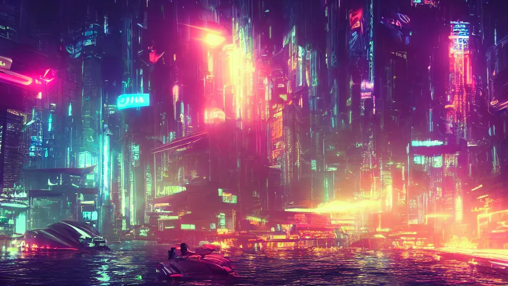 Image similar to immersed in cyberpunk city built underwater, submerged, nighttime, fluorescent led, concept art, cinematic, volumetric lighting, futuristic,, hyperrealistic, highly detailed, colourful 4 k hd