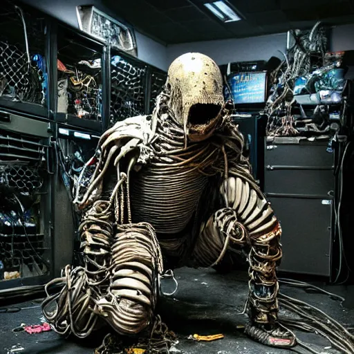 Image similar to “a photo of a kneeling evil disgusting mummy knight mutant in full armor wrapped in cables and chains in front of a laptop computer. The knight is in the center of a dark filthy dirty room filled with server racks and server cables hanging everywhere. The ground of the room is littered and covered with garbage and trash everywhere. It is dark and there are no lights. Cursed image. David Cronenberg style. David lunch style. Troma style. 35mm film.”