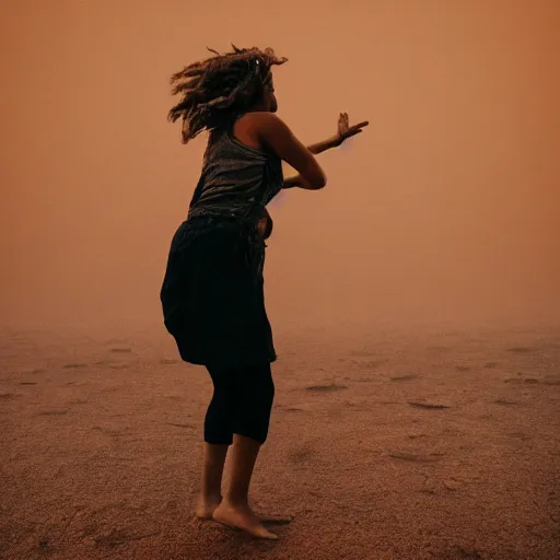 Prompt: a photo of a female doing basket in the desert while it's raining, 5 0 mm lens, f 1. 4, sharp focus, ethereal, emotionally evoking, head in focus, volumetric lighting, 8 k