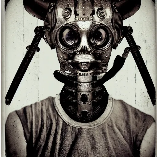 Prompt: tintype vintage photographs of aliens, cryptids, cyborgs, post apocalyptic humans, and time travelers