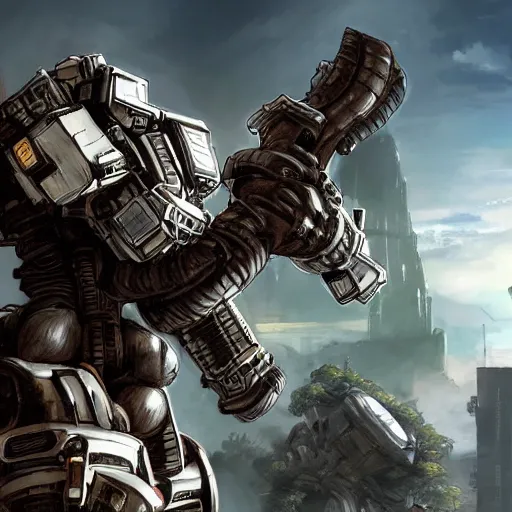 Prompt: titanfall concept art for a new titan holding a giant axe, pencil