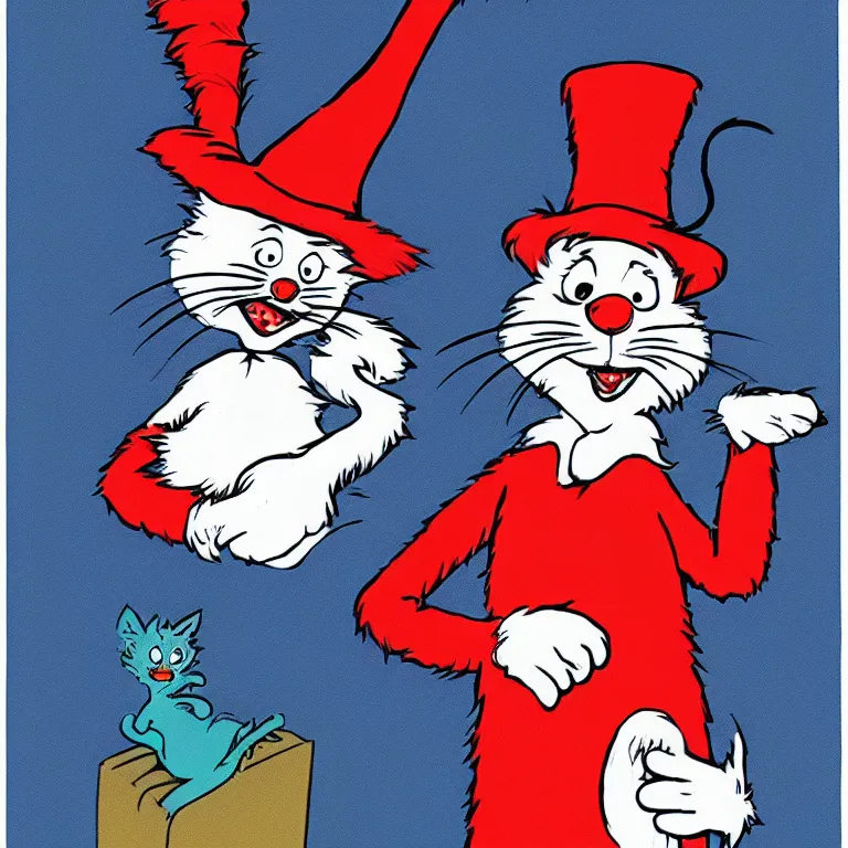 Image similar to cat in the hat terrifying nightmare, illustration by dr. seuss