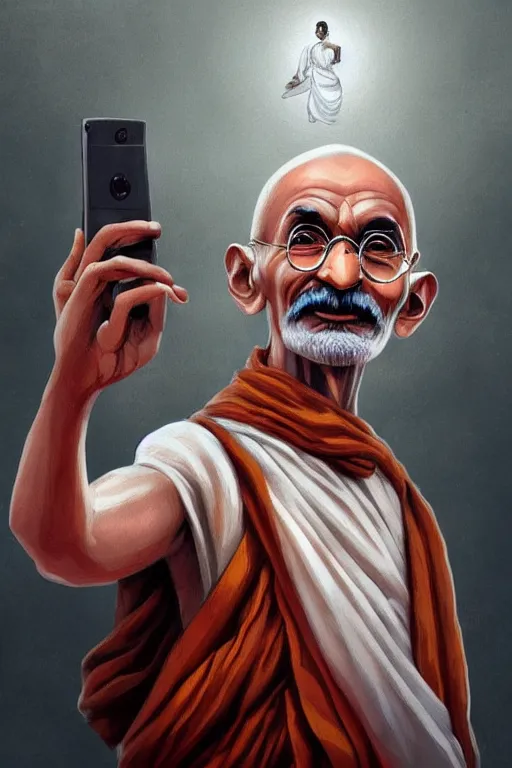 Prompt: a selfie of Mahatma Gandhi using his superpowers, fantasy, intricate, young and cute girl, highly detailed, digital painting, artstation, concept art, smooth, sharp focus, illustration