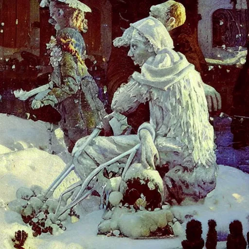 Image similar to a sculpture made of snow and ice and flower and plants, painting part by wojciech siudmak, part by ilya repin, part by max ernst, part by norman rockwell, artstation