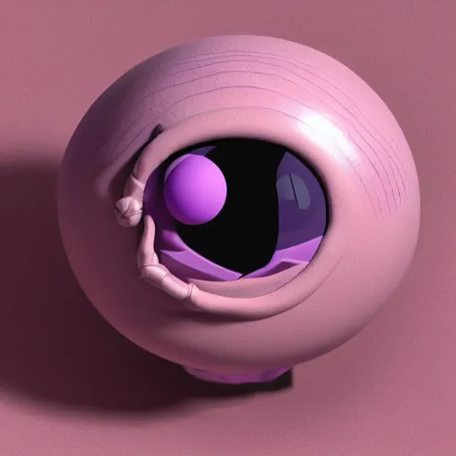 Image similar to photo of a clay model of character with large spherical purple head and tiny eyes with comically tiny body and spindly limbs leans close to the camera, fish eye lens, 4 k, hyper realistic, hyper detailed face, octane render