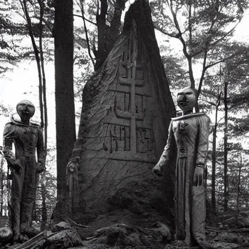 Image similar to old photograph of an occult alien shrine in an eerie forest with an astronaut standing in front of the shrine