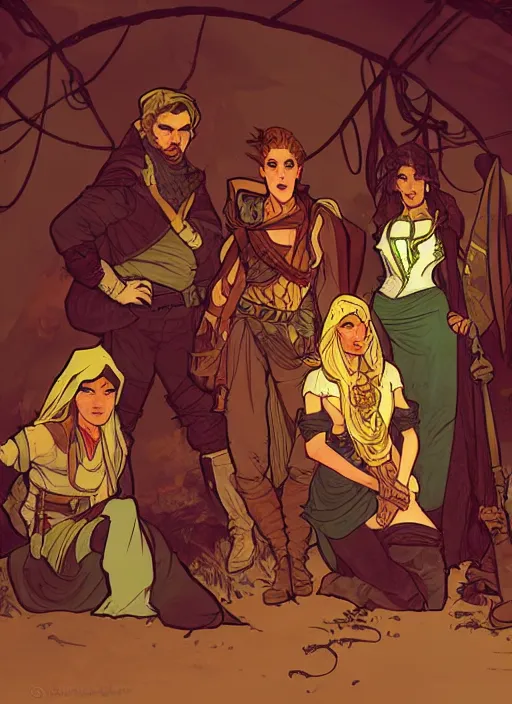 Prompt: crew of elvish spice raiders in their desert hideout. portrait illustration, pop art, art by ashley wood, alphonse mucha, sam hogg and josan gonzalez. cinematic. dynamic lighting. realistic. creative design. cell shading. ( concept art )