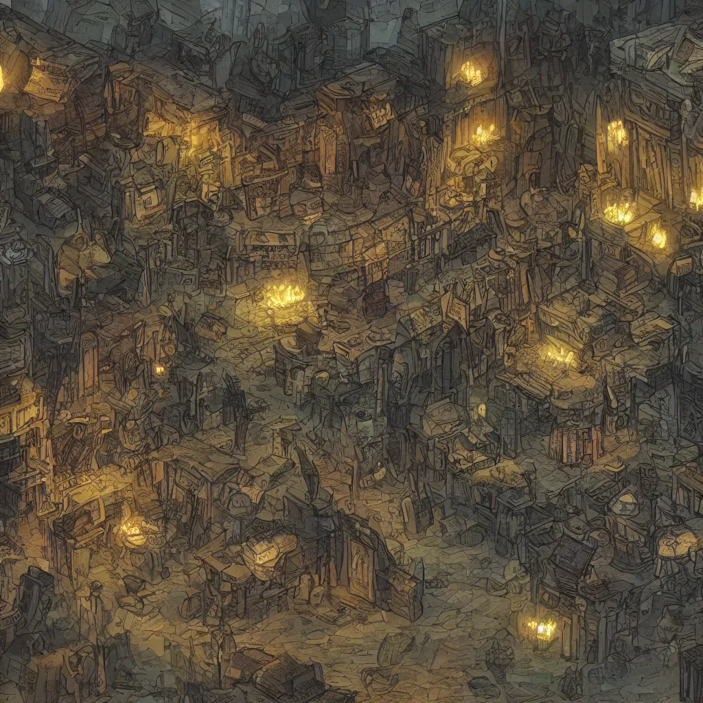 Image similar to An intensely bureaucratic villains lair with dozens of henchman doing paperwork, gridless DND map, 8k digital art, high quality,