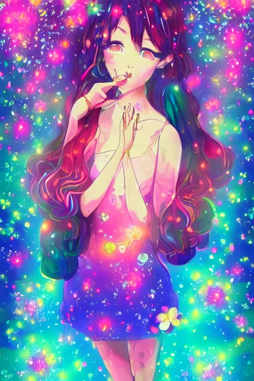 Image similar to psychedelic, whimsical, anime, 4k, beautiful intimate woman with professional makeup, long trippy hair, a crystal and flower dress, bathing in a reflective crystal lake, surrounded by gems, underneath the stars, rainbow fireflies, trending on patreon, deviantart, twitter, artstation, volumetric lighting, heavy contrast, art style of Ross Tran and Ilya Kuvshinov