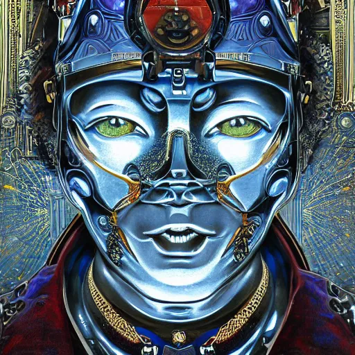 Prompt: portrait of military robot made with plasteel by Jeff Easley and Peter Elson + beautiful eyes, beautiful face + symmetry face + border and embellishments inspiried by alphonse mucha, fractals in the background, galaxy + baroque, gothic, surreal + highly detailed, intricate complexity, epic composition, magical atmosphere + masterpiece, award winning + trending on artstation