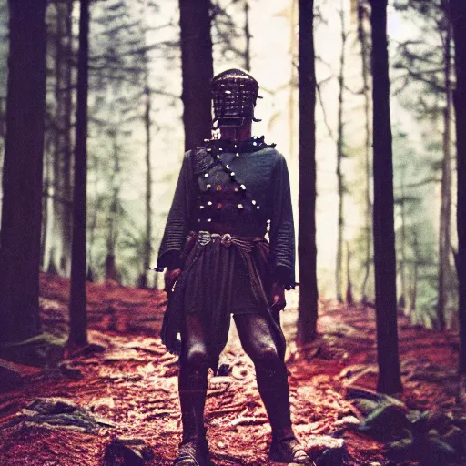 Image similar to close up kodak portra 4 0 0 photograph of a roman legimeer after the battle standing in dark forest, moody lighting, telephoto, 9 0 s vibe, blurry background, vaporwave colors, faded