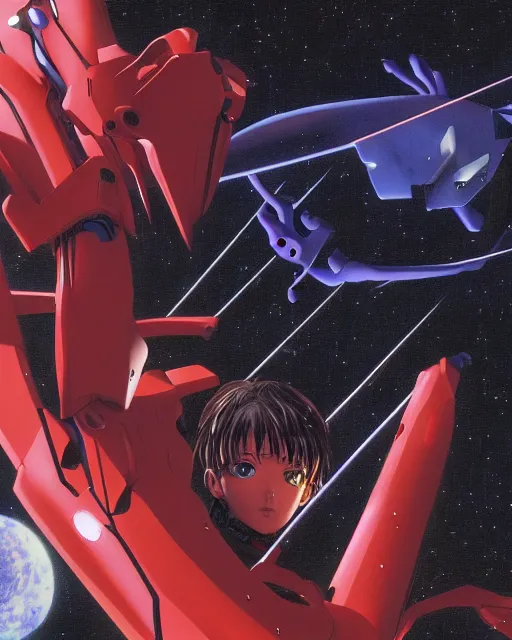 Prompt: neon genesis evangelion by noriyoshi ohrai, hd, hyper detailed, dark, sky, half moon, dark atmosphere, 4 k