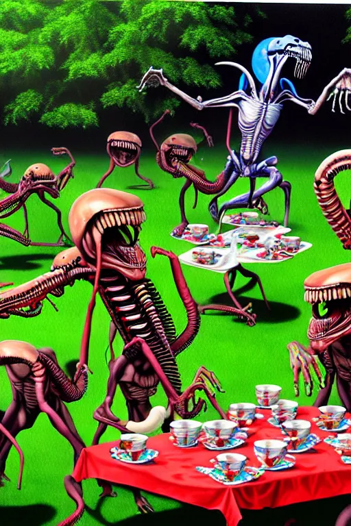 Image similar to a hyperrealistic painting of a xenomorph tea party picnic at the park, by chris cunningham and richard corben, highly detailed, vivid color,