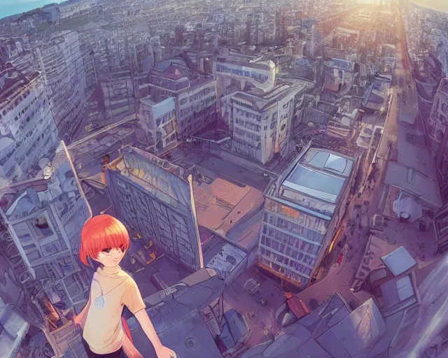 Prompt: teen standing on the roof of a building, sunset, bird eye view, fisheye view, illustration, by pine ( ハイネ ) and 薯 子 imoko and 香 川 悠 作 and wlop and maya takamura, highly detailed, trending artstation, pixiv, digital art