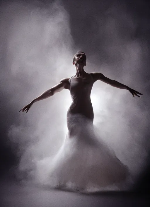 Image similar to a Photorealistic dramatic hyperrealistic render of a beautiful Female smoke dancer by Ken Brower and Deborah Ory of NYC Dance project,Lois Greenfield,Flowing cloth and smoke,Beautiful dynamic dramatic dark moody lighting,volumetric,shadows,cinematic atmosphere,Octane render,8K