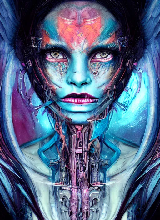 Prompt: portrait of a female half-demon half-angel, full character, 8k ,by tristan eaton,Stanley Artgermm,Tom Bagshaw,Greg Rutkowski,Carne Griffiths, Ayami Kojima, Beksinski, Giger,trending on DeviantArt,face enhance,hyper detailed,minimalist,cybernetic, android, blade runner,full of colour