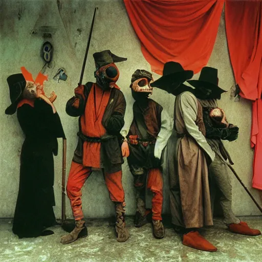 Prompt: 1 9 9 3 disposable camera color photo of a modern gang of plague doctors in the style of jan saudek, annie liebovitz, pieter bruegel the elder, joel peter witkin, gustave dore, heironymus bosch