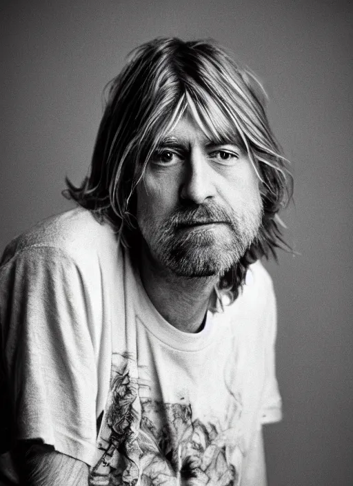 Image similar to DSLR photo portrait still of 55 year old age 55 Kurt Cobain at age 55!!!, 85mm f1.8