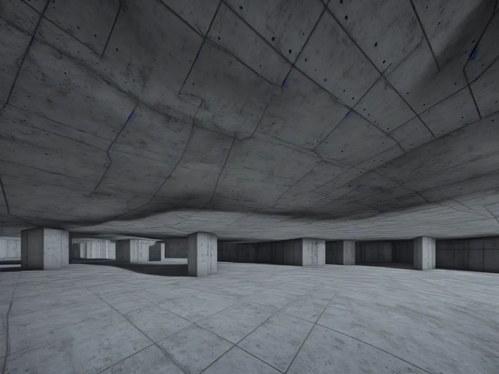 Image similar to Concrete huge dark-gray multi-layered underground structure with multiple floors and a plus-shaped cleft in the center. Inside view, straight lines, corners, high detailed, details, ultra realistic, photorealism, 8k, symmetrical, brutalism, beam, non-euclidean, architecture, volumetric lighting, cinematic