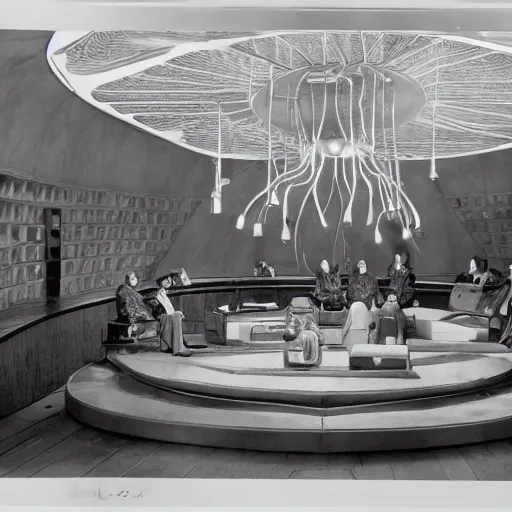 Prompt: a complex time machine designed by frank lloyd wright, sitting on a dias, lightning, rain, wild, people in lab coats, photo, highly realistic,