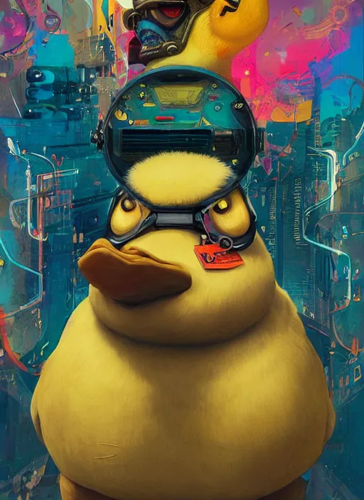 Prompt: beautiful portrait of Lofi cyberpunk Psyduck, by Tristan Eaton, Stanley Artgermm, Tom Bagshaw, Greg Rutkowski, Carne Griffiths. trending on DeviantArt, face enhance, hyper detailed, trending on Artstation, 8k, masterpiece, graffiti paint, fine detail, full of color, intricate detail, golden ratio illustration