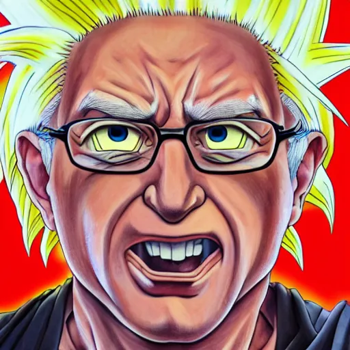 Image similar to ultra realistic portrait painting of bernie sanders as super saiyan goku, art by akira toriyama, 4 k, dragon ball artstyle, cel shaded, highly detailed, epic lighting