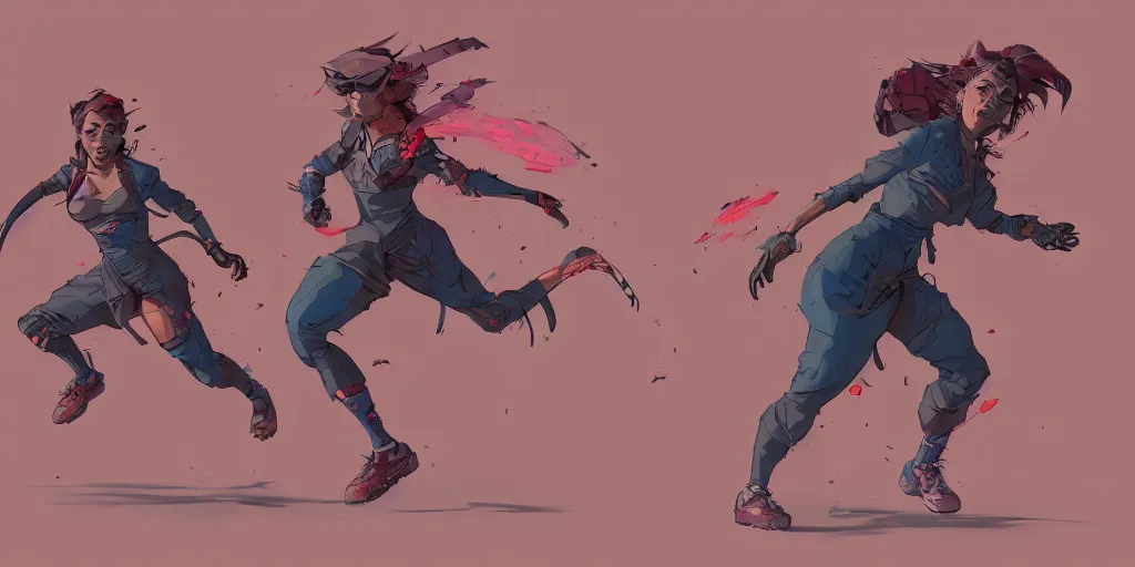 Image similar to cartoonish female character running, vivid colors, character sheet, fine details, concept design, contrast, kim jung gi, greg rutkowski, trending on artstation, 8 k, full body, turnaround, front view, back view, ultra wide angle