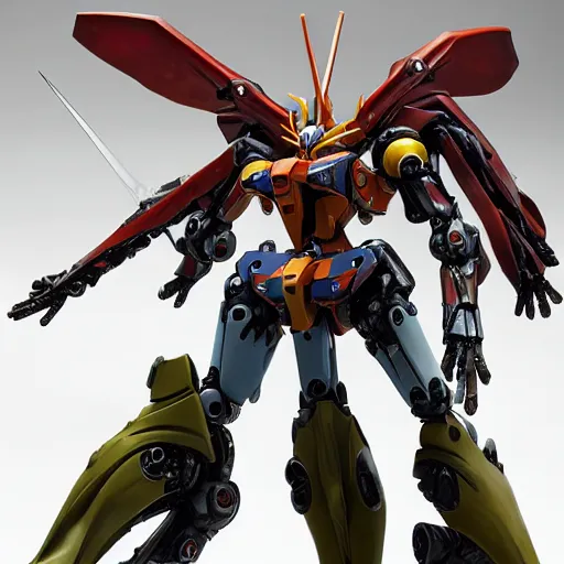 Image similar to amphibious angelic combat mecha with armored exoskeleton, insects, evangelion, 8 k hd resolution, barbatos gundam textured with waterlily pads, bandai box art, star wars, makoto kobayashi, frank gehry, raymond swanland