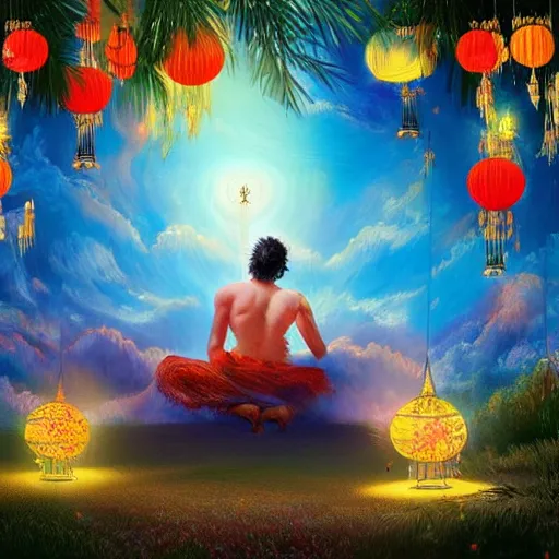 Prompt: painting of a god of wind enjoying his heavenly palace, decorated with windchimes and paper lanterns, stunning nature in background, cinematic