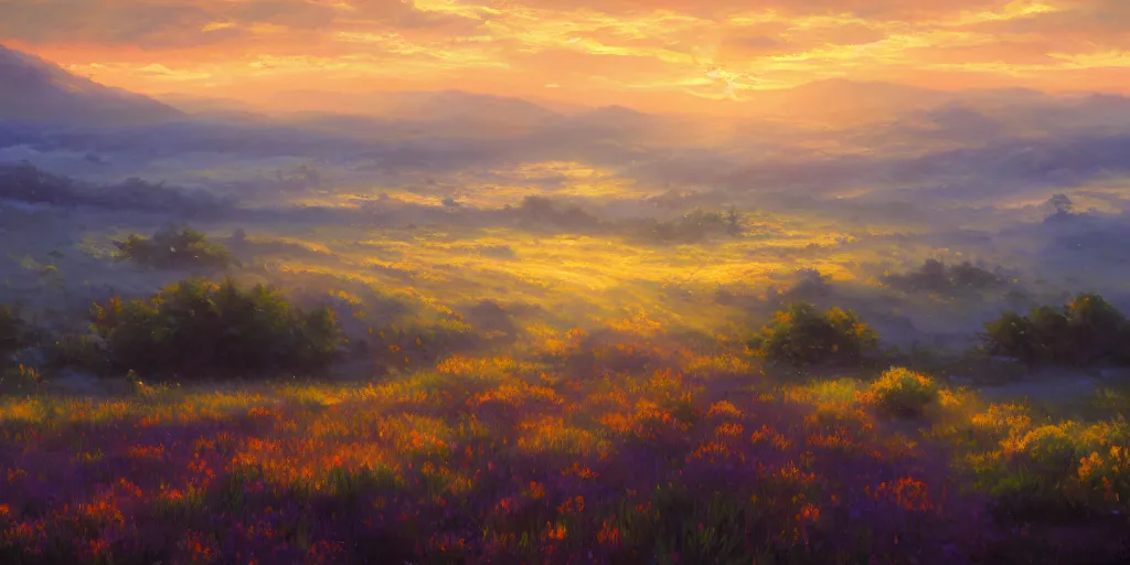 Image similar to an extraordinarily beautiful oil painting of a landscape in spring during sunrise ; the most beautiful painting in the world ; by makoto shinkai