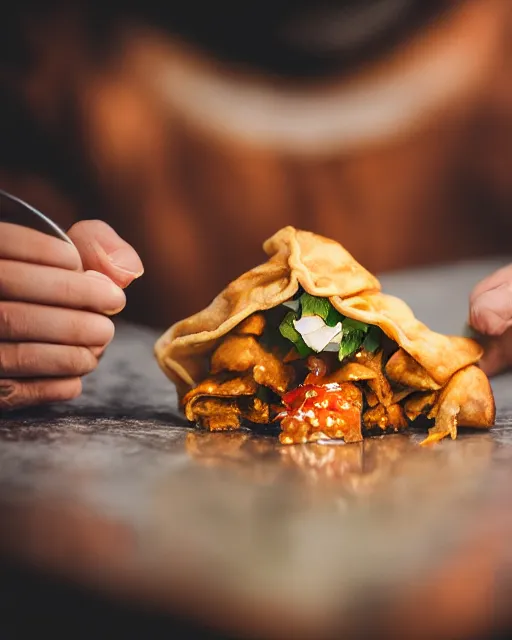 Image similar to A photo of Albert Einstein eating Samosa, highly detailed, trending on artstation, bokeh, 90mm, f/1.4