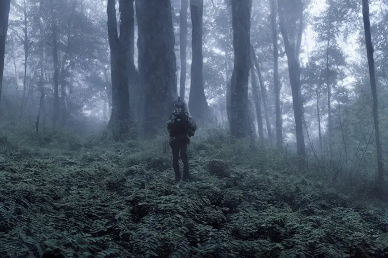 Image similar to a hiker staring at a complex organic fractal 3 d ceramic sphere floating in a lush forest, foggy, cinematic shot, photo still from movie by denis villeneuve