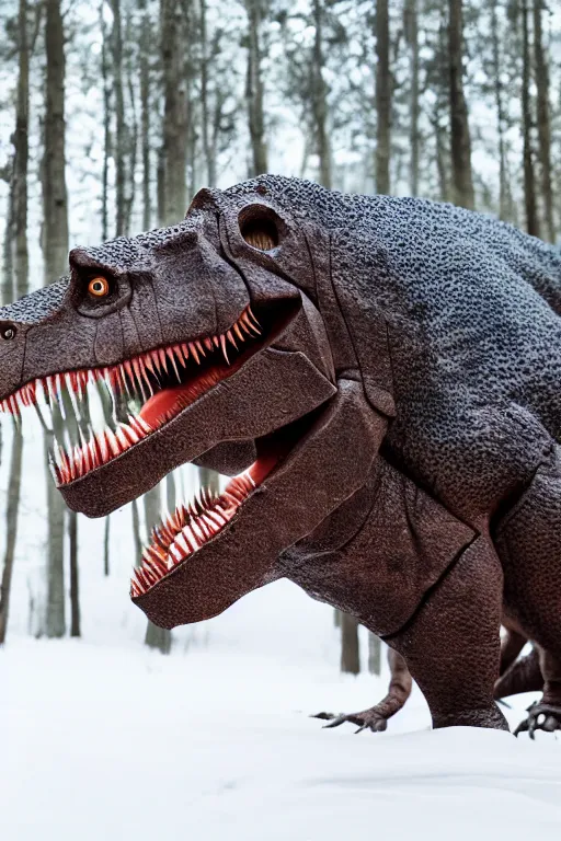 Prompt: a professional portrait photo of a t - rex in the forest in winter, extremely high fidelity, natural lighting,