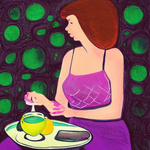 Image similar to beautiful lady, drinking tea, fruit basket, painting,, clean shapes, print, pastel colors, ink lines, markus gunnar, konstfack