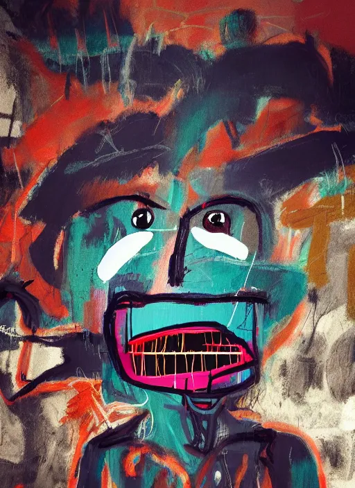 Prompt: hyperrealistic 3D monsters sneaking up on a boy, in the style of Jean-Michel Basquiat, Trending on artstation, cinematic, hyper realism, octane render, 8k, depth of field