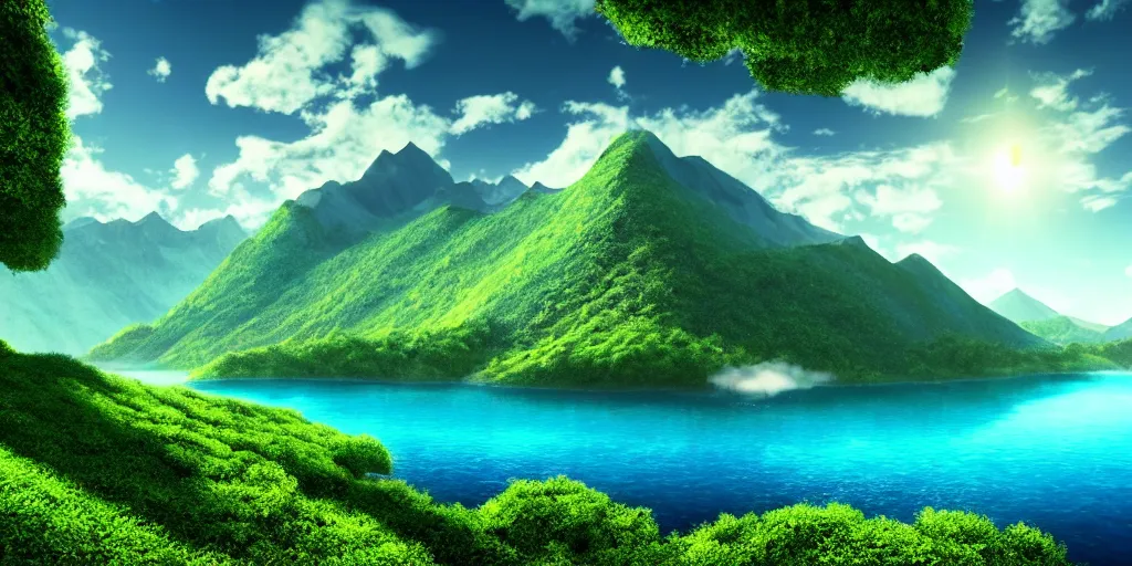 Image similar to dream, photo realism, beautiful nature, sunny day, sunshine lighting high mountains, which are higher than white fluffy clouds with green trees on top, a small wooden bridge connecting two mountains, ocean beneath the mountains with clear blue water, whales jumping and showing from the waves, cinematic, 8k, highly detailed