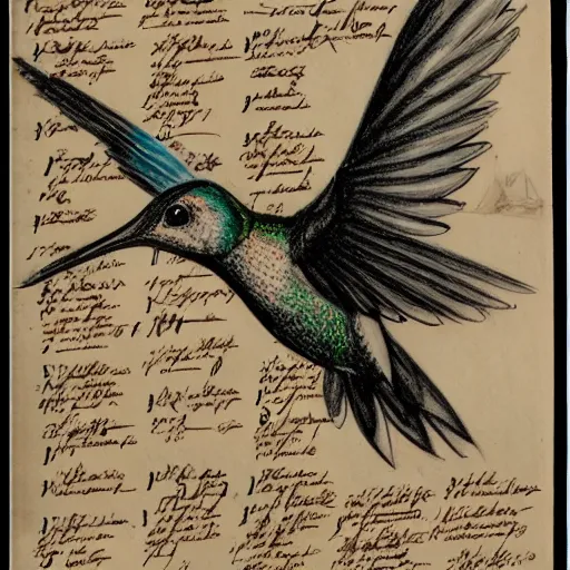 Image similar to full page scan of 1400s detailed hummingbird concept art, architectural section, plan drawing, page, paper, parchment, papyrus, fantasy, horror, occult, diagram, informative texts, graphs, notes, scribbles, hummingbird bird anatomy anatomical, blur