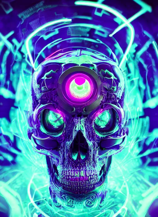 Image similar to a futuristic skull with glowing eyes and a purple background, fractal made of skulls, cyberpunk art by android jones, behance contest winner, computer art, darksynth, synthwave, rendered in cinema 4 d