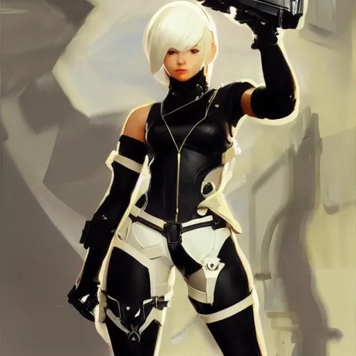 Image similar to greg manchess portrait painting of yorha type a no. 2 as overwatch character, medium shot, asymmetrical, profile picture, organic painting, sunny day, matte painting, bold shapes, hard edges, street art, trending on artstation, by huang guangjian and gil elvgren and sachin teng