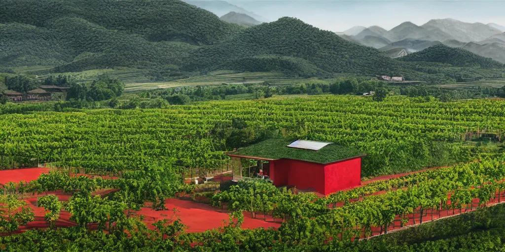 Prompt: A ink painting winery with red walls and a green roof. The vineyards are sprawling and green, with a river winding through them. In the distance, there are mountains. by zhang zeduan, mi fu, painting on silk, immaculate scale, hyper-realistic, Unreal Engine, Octane Render, digital art, trending on Artstation, 8k, detailed, atmospheric, immaculate