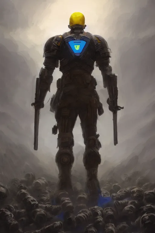 Image similar to a distant shot of a single super soldier with blue and yellow flag and standing alone on a huge pile of human skulls as a winner, masculine figure, D&D, fantasy, dark atmosphere, beam of lights through the clouds, intricate, elegant, highly detailed, extremely detailed, digital painting, artstation, concept art, matte, smooth, sharp focus, illustration, art by Artgerm and Greg Rutkowski and Alphonse Mucha