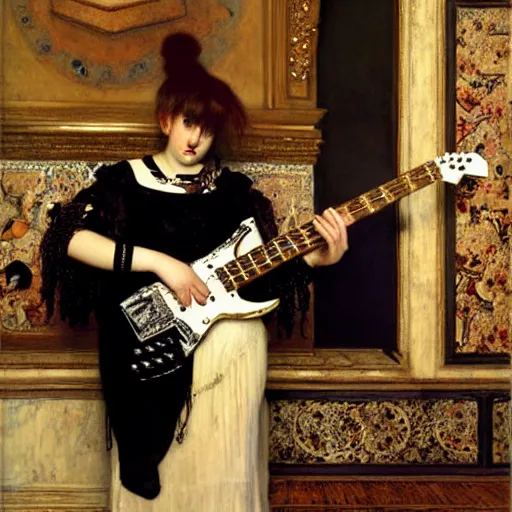 Image similar to Goth girl playing electric guitar by Mario Testino, oil painting by Lawrence Alma-Tadema, masterpiece