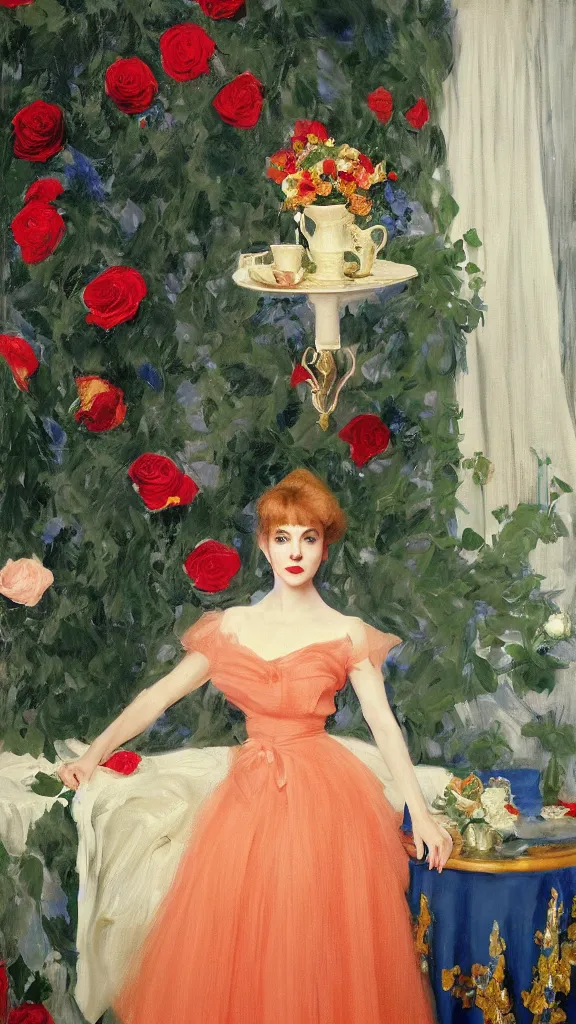 Prompt: portrait of young julee cruise in detailed golden sleeve balloon dress beside a pot of red roses, a persian blue detailed curtain in back painted by john singer sargent