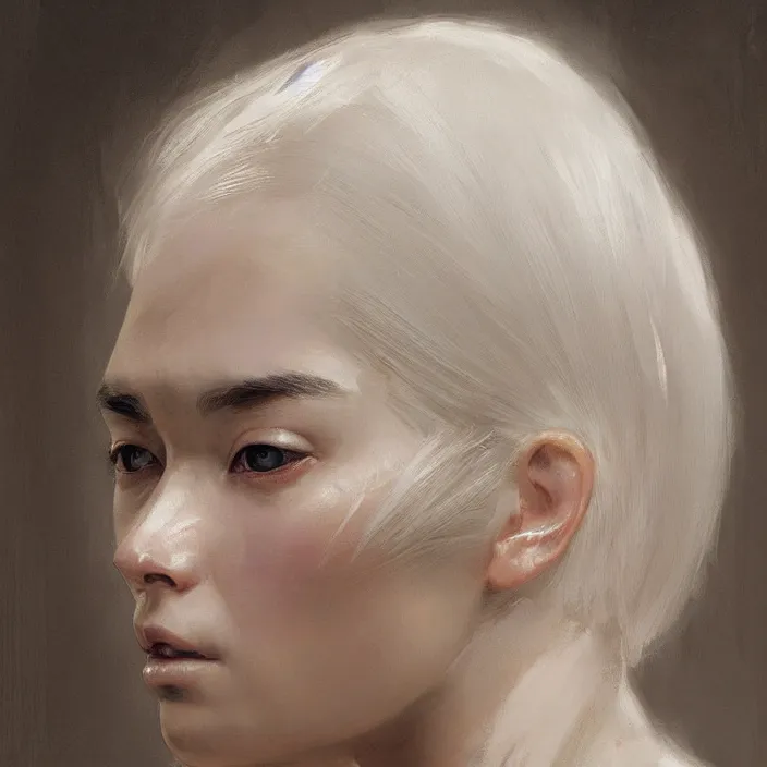 Prompt: digital art painting of a girl white skin young asian woman, white hair, strong jaw, brown eyes painted by craig mullins and gaston bussiere and greg rutkowski, symmetrical facial features, symmetrical face, defined facial features, dramatic lighting, close up