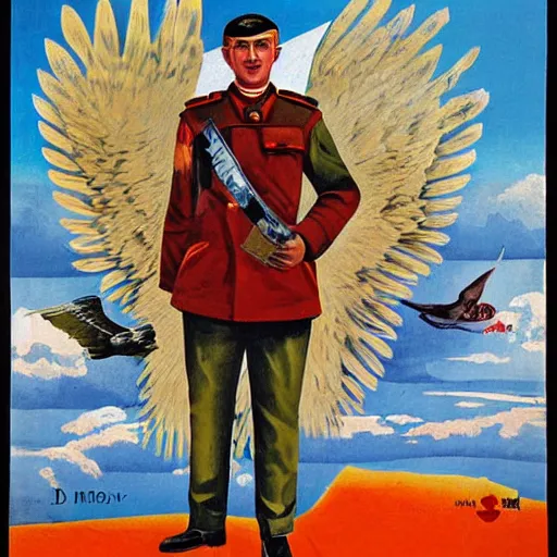 Image similar to a detailed and complex uncut full body soviet propaganda poster depicting a dromaius in military uniform. painting by dmitri moor