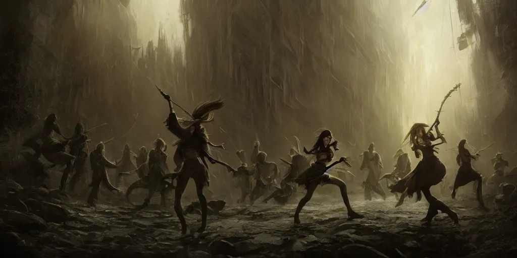 Prompt: cinematic, concept art, high fantasy matte painting, of a female bard and her adventuring party running from an angry crowd, foggy, depth of field, 8k, 35mm film grain, unreal engine 5 render highly detailed, digital painting, artstation, concept art, smooth, sharp focus, illustration, octane render, art by Leesha Hannigan, Ross Tran, Thierry Doizon, Kai Carpenter, Ignacio Fernández Ríos