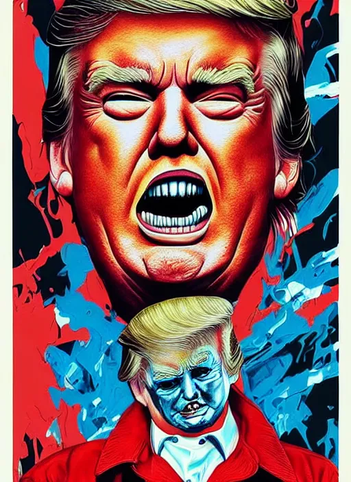 Image similar to donald trump as the villain, slasher film, grotesque, horror, high details, intricate details, by vincent di fate, artgerm julie bell beeple, 80s, inking, vintage 80s print, screen print