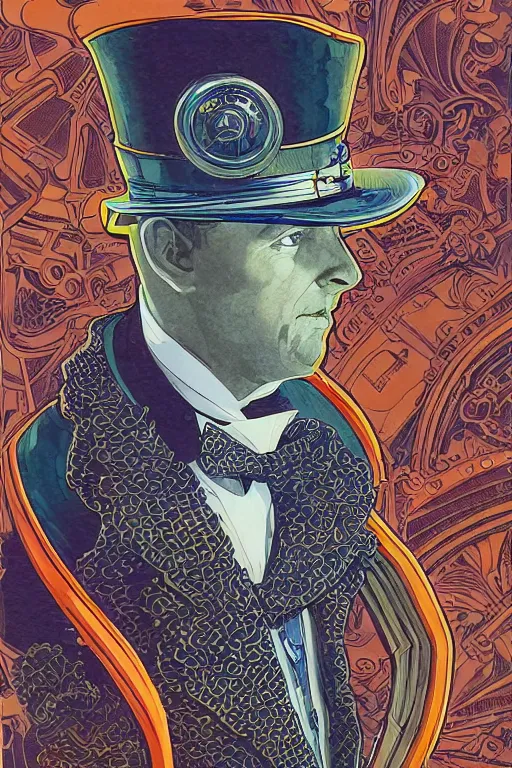 Prompt: zoomed out portrait of a duke, victorian era, royal attitude, art deco, stylized illustration by moebius, juan gimenez, watercolor gouache detailed paintings in style of syd mead, metabaron, vivid colorful comics style, clean line, diesel punk, steampunk, mandelbulb 3 d