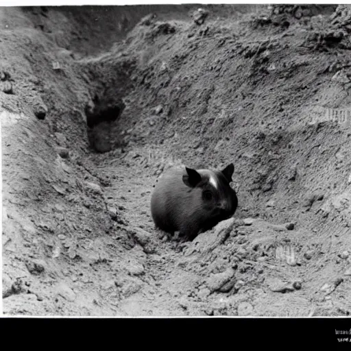 Prompt: a black and white grainy photograph of a guinea pig standing in a ww1 trench, it's wearing a russian ww1 uniform